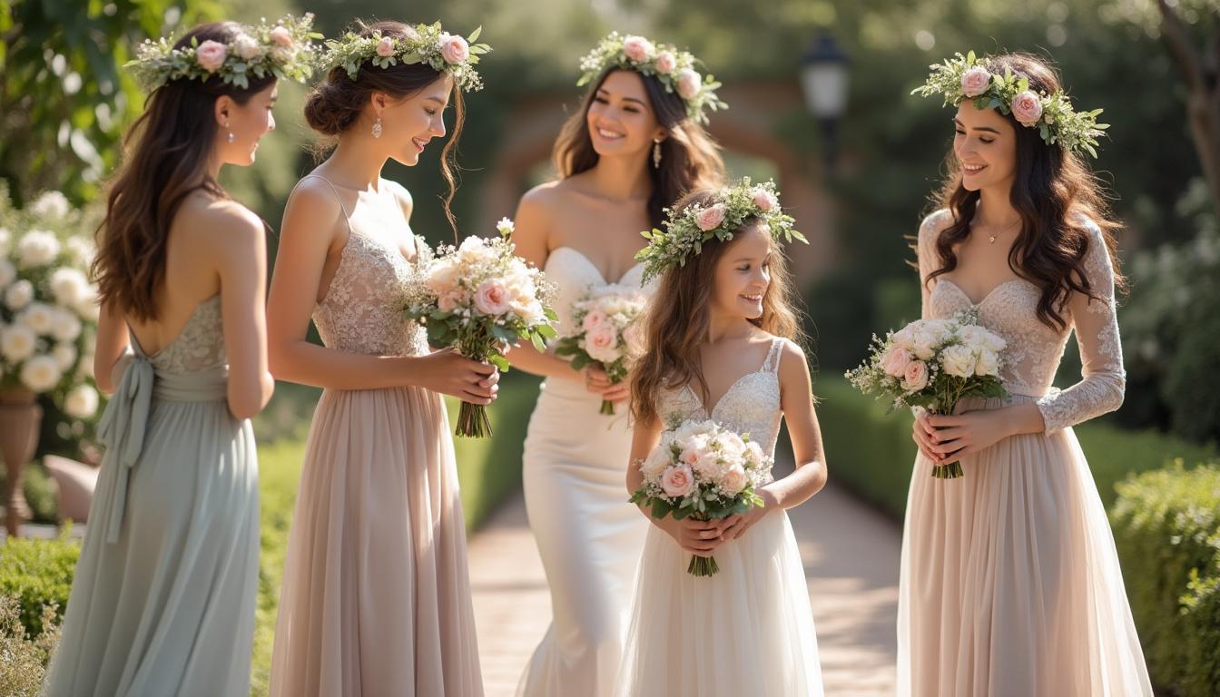 découvrez nos coiffures de cérémonie élégantes ornées de couronnes de fleurs, parfaites pour sublimer votre look lors d'événements spéciaux.