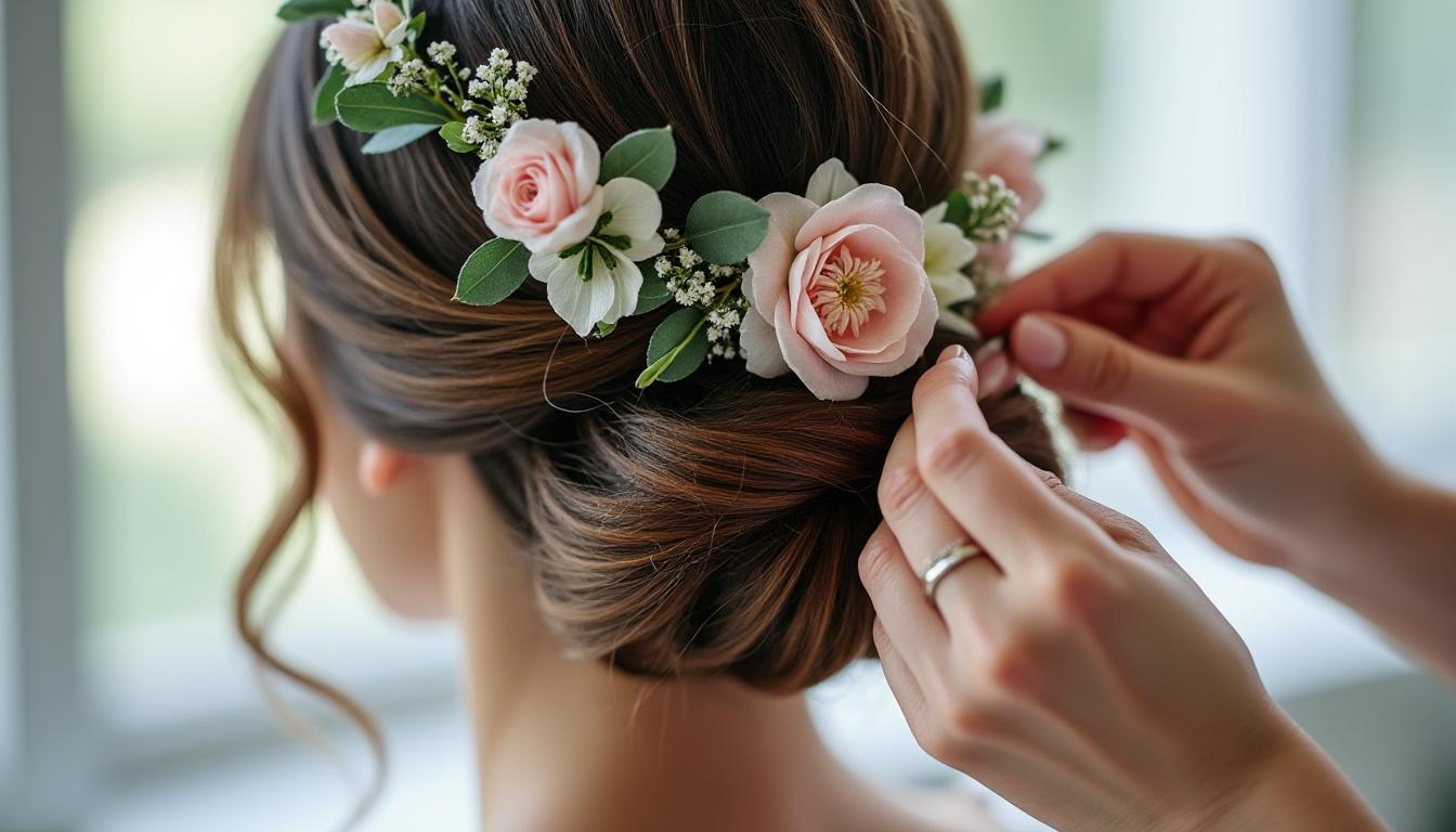 découvrez nos coiffures de cérémonie élégantes mettant en valeur la beauté des couronnes de fleurs, parfaites pour sublimer votre look lors de vos événements spéciaux.